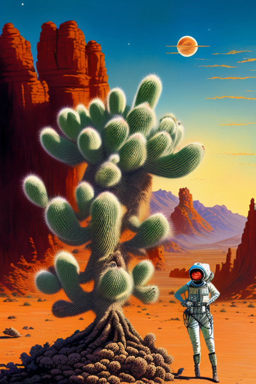 An a mammillaria cactus bonsai, Mort Kunstler, Subject in focus, Painting, Painting rustic, with a surprised woman in spacesuit, in a dramatic desert landscape, Flat background, alien plants, 1940s, alien bonsai