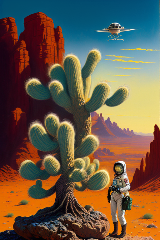 An a mammillaria cactus bonsai, Mort Kunstler, Subject in focus, Painting, Painting rustic, with a surprised woman in spacesuit, in a dramatic desert landscape, Flat background, alien plants, 1940s, alien bonsai