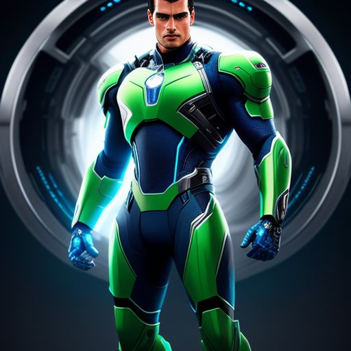 with intense gaze, cybernetic suit, blue and silver color scheme, futuristic digital painting, Highly detailed, Sharp focus, Trending on Artstation, art by artgerm and greg rutkowski., standing centered, Pixar style, 3d style, disney style, 8k, Beautiful, Henry Cavill as Max Steel light green suit