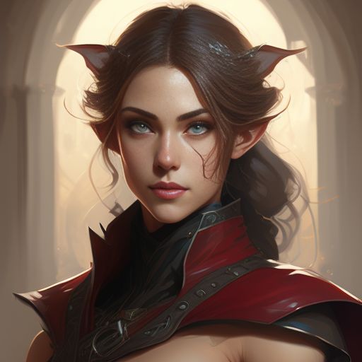 Portrait, half-elf, female, light brown hair, wavy hair, shoulder length hair, hazel eyes, smirk, strong,  confident, strong jaw, gray cape, rogue, leather armor, red clothing, D & D, Fantasy, Intricate, Elegant, Headshot, Detailed face, Digital painting, Artstation, Concept art, Smooth, Sharp focus, Illustration, Artgerm, Greg Rutkowski, Alphonse Mucha