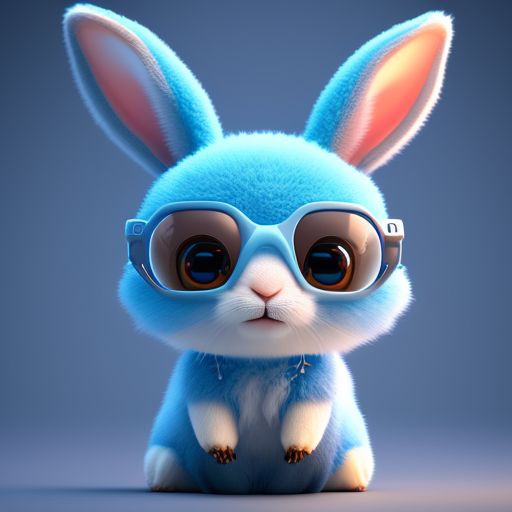 realistic 3d render of a happy, furry and cute, a rabbit with glasses talking to an AI robot, baby animal, smiling with big eyes, looking straight at you, Pixar style, 32k, full body shot with a light blue background