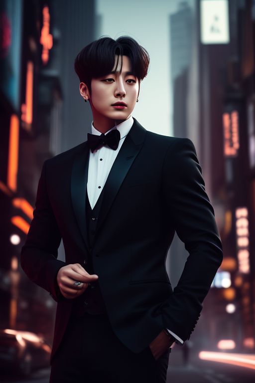 striped-mole1: jungkook from bts is dressed in a black suit like james bond