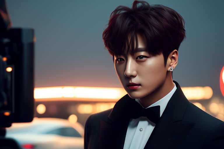 flat-panther735: jungkook from bts is dressed in a black suit like james  bond and is sitting on a cliff