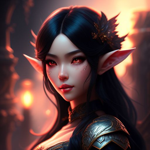 agile-jaguar624: female elf very small with light ashy skin and long black  hair black eyes with a smirk on face portrait
