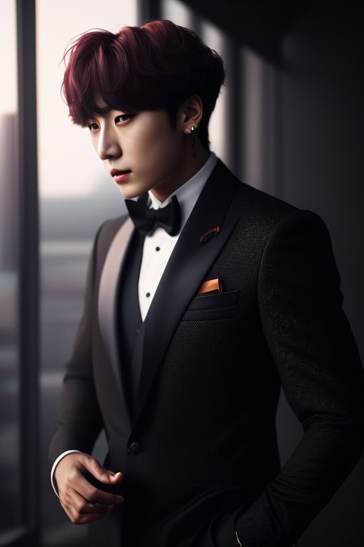 flat-panther735: jungkook from bts is dressed in a black suit like james  bond and is sitting on a cliff