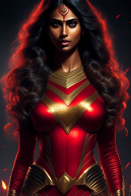 Zape: Gorgeous Indian girl with golden hair as superhero, red outfit, full  body back