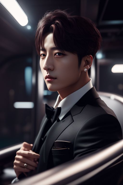 upright-mole724: jungkook from bts is dressed in a black suit like james  bond and he have gun in his arm (8K)
