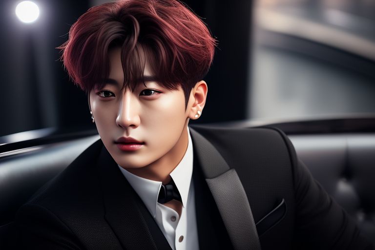 striped-mole1: jungkook from bts is dressed in a black suit like james bond  and have woman in arms