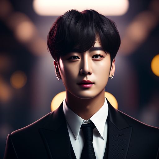 striped-mole1: jungkook from bts is dressed in a black suit like james bond  and have woman in arms