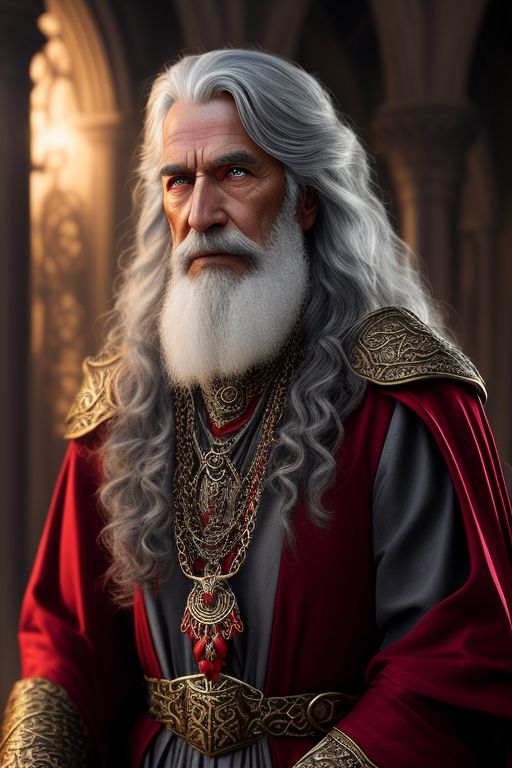 Dungeons and dragons old man wise wizard red robes long gray hair library human jewelry ornate handsome charismatic medieval fantasy, wearing ornate human jewelry, highly detailed and intricate, with a charismatic expression on his face.