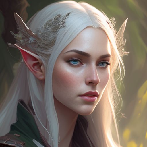 Portrait, elf female , platinum hair, long hair, straight hair, green eyes, pale skin, strong jaw, enchantress, gray robes, graceful, purple fey markings, no earrings, druid, nature, D & D, Fantasy, Intricate, Elegant, Headshot, Detailed face, Digital painting, Artstation, Concept art, Smooth, Sharp focus, Illustration, Artgerm, Greg Rutkowski, Alphonse Mucha