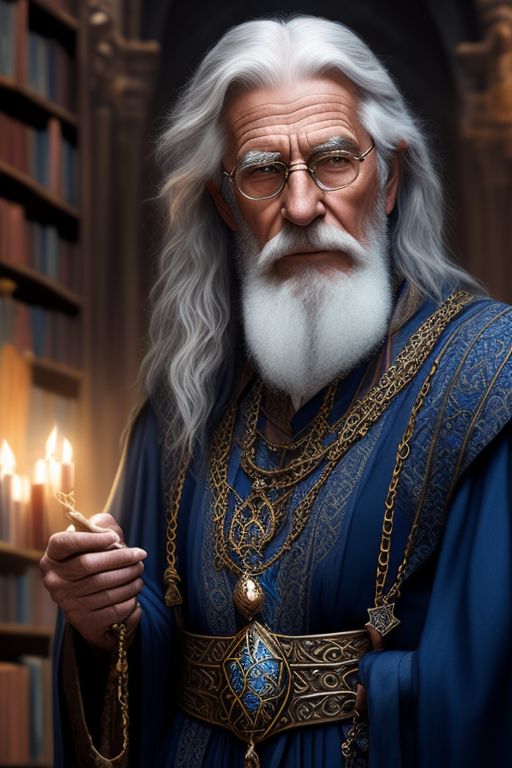 Dungeons and dragons, old man, wise, wizard, blue robes, long gray hair, library, human, jewelry, ornate, handsome, charismatic, medieval fantasy, relaxed, wearing ornate human jewelry, highly detailed and intricate, with a charismatic expression on his face.