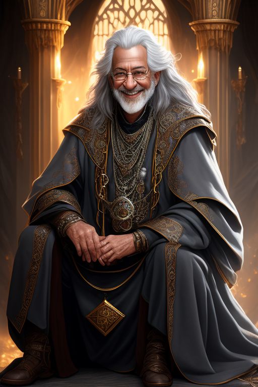 Dungeons and dragons old man wizard robes long gray hair library jewelry ornate charismatic medieval fantasy relaxed smiling sitting reclining chair, wearing ornate human jewelry, highly detailed and intricate, with a charismatic expression on his face.