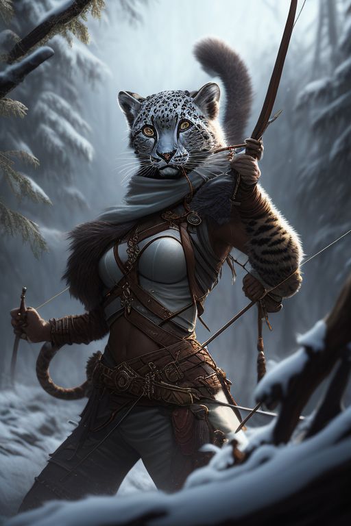 Dungeons and dragons tabaxi snow leopard archer long bow obscuring clothes shady feline female in the woods aiming at camera, obscured in clothing, dungeons and dragons style, Highly detailed, with long bow, feline female, Digital painting, Sharp focus, artstation trending, Concept art, Moody lighting, illustration by rk post and chippy and clint cearley.
