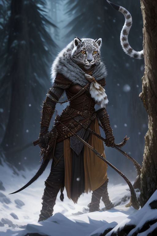 Dungeons and dragons tabaxi snow leopard archer long bow obscuring clothes shady feline female in the woods aiming at camera furry, obscured in clothing, dungeons and dragons style, Highly detailed, with long bow, feline female, Digital painting, Sharp focus, artstation trending, Concept art, Moody lighting, illustration by rk post and chippy and clint cearley.