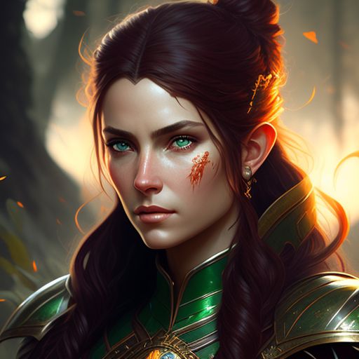 female half-elf paladin with scars, dark red hair, and green eyes, brown skin, and armor inspired by nature and wildlife and green knight archetype, Scarred, with red hair, Green eyes, and tan skin, inspired by nature and wildlife, wearing armor in the style of the green knight archetype, the scene should be highly-detailed, with intricate digital painting, a sharp focus on the face, and warm lighting, Art by Magali Villeneuve, Greg Rutkowski, alphonse mucha.