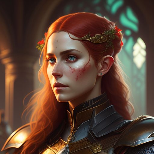 female half-elf paladin, with scars, red hair, and green eyes, dark brown skin, and armor inspired by nature and wildlife and green knight archetype, Scarred, with red hair, Green eyes, and tan skin, inspired by nature and wildlife, wearing armor in the style of the green knight archetype, the scene should be highly-detailed, with intricate digital painting, a sharp focus on the face, and warm lighting, Art by Magali Villeneuve, Greg Rutkowski, alphonse mucha.