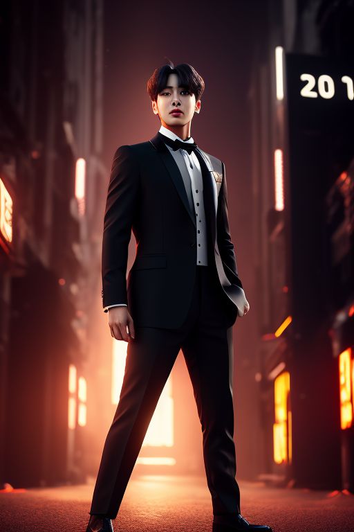upright-mole724: jungkook from bts is dressed in a black suit like james  bond and he have gun in his arm (8K)