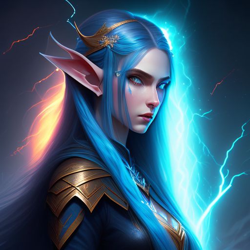 oily-heron185: Half Elf woman with long blue hair, blue eyes, lightning  surrounding her
