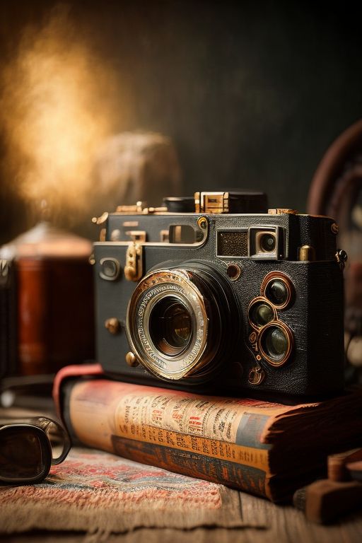 addison still life retro camera on the table, old photographs nearby, rustic style