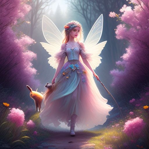 A beautiful fairy princess walking in the wild with a rabbit, surrounded by blooming flowers and trees, dreamy, Ethereal, Pastel colors, Highly detailed, Digital painting, Artstation, Concept art, soft focus, Fantasy, art by magali villeneuve and jasmine becket-griffith and brianna angelakis and amanda wisdom and tara mcpherson and jeffrey smith
