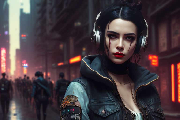 (film stock), (extremely detailed CG unity 8k wallpaper) full body portrait of a cyberpunk woman leaning on a wall in cyberpunk city street at night, (action scene), (wide angle), ((Night time)), city lights, ((neon cyberpunk city street:1.3)), (neon lights), stars, moon, (film grain:1.4), colored lighting, full body,

cyberpunk woman in a futuristic city in a cyberpunk city, (hands in pockets), (leaning on wall), dynamic pose, ((rgb gamer headphones)), ((tanned skin:1.3)), ((angry)), (angry eyebrows), scowl, (e-girl blush:1.2) long hair, (freckles:0.9), detailed symmetrical face, (dark crimson hair:1.2), short hair, (messy hair bun), (undercut hair:1.4), punk girl, ((tattoos)), alt girl, ((face piercings:1.2)), ((fingerless gloves)), (brown eyes), many rings, reflective eyes, makeup, (red lipstick), (shiny lips), (white sclera), (sweat), ear piercings,
detailed lighting, rim lighting, dramatic lighting, chiaroscuro, (white band shirt), ((ripped denim bomber jacket:1.1)), (jean jacket), long sleeves, bracelets, (torn blue jean pants:1.2)), (mom jeans), brick wall, (polluted sky), wall graffiti, ((doc martens)), ((combat boots)), (black shoelaces, muddy boots,

(from below:1.2), (wide angle lens), professional majestic impressionism oil painting by Waterhouse, John Constable, Ed Blinkey, Atey Ghailan, Studio Ghibli, by Jeremy Mann, Greg Manchess, Antonio Moro, trending on ArtStation, trending on CGSociety, Intricate, High Detail, dramatic,
makoto shinkai kyoto, trending on artstation, trending on cg society,, cyberpunk, Apocalypse , Dark fantasy, Cityscape, 8k wallpaper, Dark color palette, Hieronymus Bosch, H. R. Giger, Wasteland
