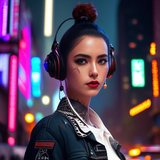 Analog style, cyberpunk, Portrait, (film stock), (extremely detailed CG unity 8k wallpaper) full body portrait of a cyberpunk woman leaning on a wall in cyberpunk city street at night, (action scene), (wide angle), ((Night time)), city lights, ((neon cyberpunk city street:1.3)), (neon lights), stars, moon, (film grain:1.4), colored lighting, full body,

cyberpunk woman in a futuristic city in a cyberpunk city, (hands in pockets), (leaning on wall), dynamic pose, ((rgb gamer headphones)), ((tanned skin:1.3)), ((angry)), (angry eyebrows), scowl, (e-girl blush:1.2) long hair, (freckles:0.9), detailed symmetrical face, (dark crimson hair:1.2), short hair, (messy hair bun), (undercut hair:1.4), punk girl, ((tattoos)), alt girl, ((face piercings:1.2)), ((fingerless gloves)), (brown eyes), many rings, reflective eyes, makeup, (red lipstick), (shiny lips), (white sclera), (sweat), ear piercings,
detailed lighting, rim lighting, dramatic lighting, chiaroscuro, (white band shirt), ((ripped denim bomber jacket:1.1)), (jean jacket), long sleeves, bracelets, (torn blue jean pants:1.2)), (mom jeans), brick wall, (polluted sky), wall graffiti, ((doc martens)), ((combat boots)), (black shoelaces, muddy boots,

(from below:1.2), (wide angle lens), professional majestic impressionism oil painting by Waterhouse, John Constable, Ed Blinkey, Atey Ghailan, Studio Ghibli, by Jeremy Mann, Greg Manchess, Antonio Moro, trending on ArtStation, trending on CGSociety, Intricate, High Detail, dramatic,
makoto shinkai kyoto, trending on artstation, trending on cg society,, Beautiful