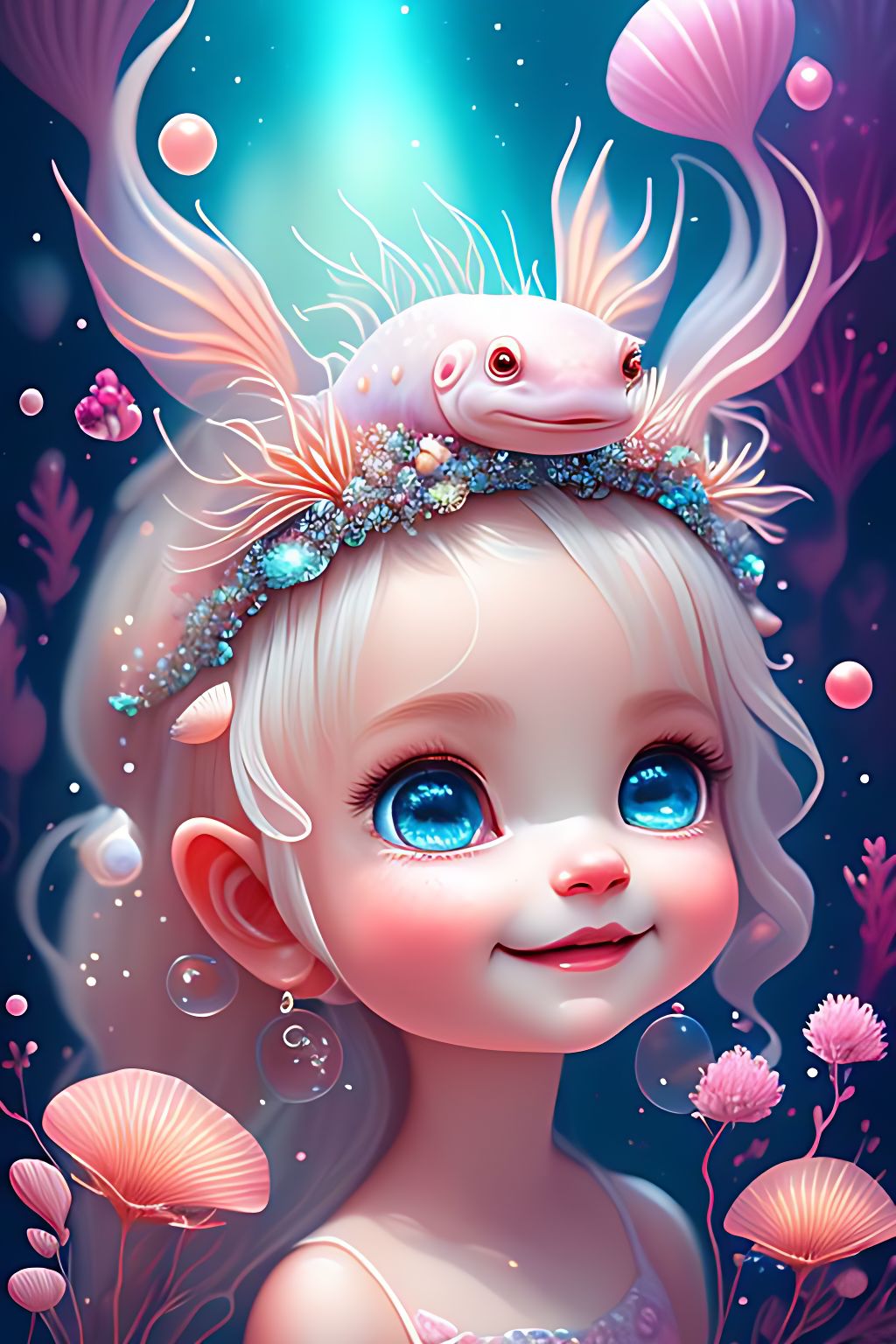 a cute adorable baby Axolotl underwater, bubbles, lovely, happy smile, big reflective eyes, chibi kawaii, dreamlike fantasy, sparkles, summer vibe, flowers, dreamy, pastel, Watercolor, Whimsical, Delicate, seashell crown, art by loish and lois van baarle, Trending on Artstation, Highly detailed, Intricate, Portrait, digital painting.