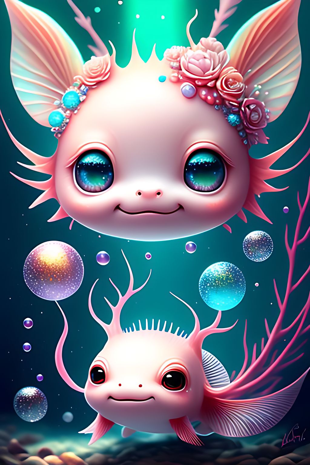 a cute adorable baby Axolotl underwater, bubbles, lovely, happy smile, big reflective eyes, chibi kawaii, dreamlike fantasy, sparkles, summer vibe, flowers, dreamy, pastel, Watercolor, Whimsical, Delicate, seashell crown, art by loish and lois van baarle, Trending on Artstation, Highly detailed, Intricate, Portrait, digital painting.
