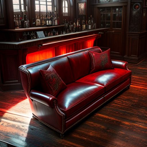 photo of a highly distressed red leather couch, glances around suspiciously, and sits at the bar; classic western-style, Low angle, warm and dimly lit, Detailed, Intricate, unwanted, brooding, art by ross tran and daniel ljunggren, sharp focus.