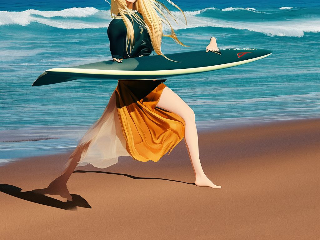 tornmanatee804 Japanese surfer girl with long blonde hair on the beach.