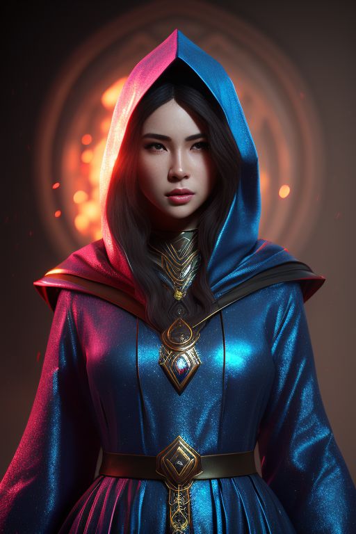 Female mage wearing blue robes with hood. Holding staff with bright gem. Midevil setting, best quality, rendered photorealistically in octane with unreal engine, with mist swirling around her hyper-detailed form, showcasing volumetric lighting and hdr for a truly otherworldly atmosphere., Character design, void arcanist, Mist, Realistic, Photorealistic, Octane render, Unreal Engine, Hyper detailed, Volumetric lighting, HDR, CinemaHelper, PhotoHelper, full bodied women