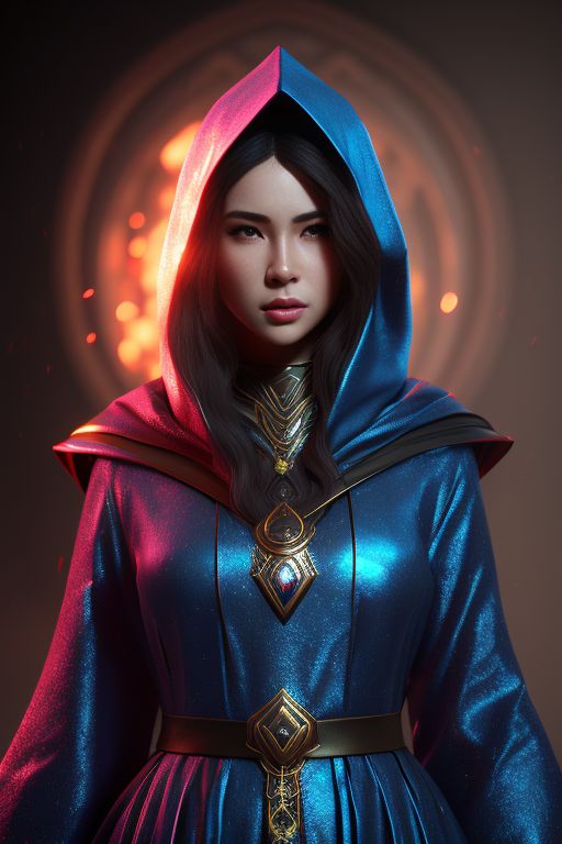 Belphsy Female mage wearing blue robes with hood. Holding staff with bright gem. Midevil setting