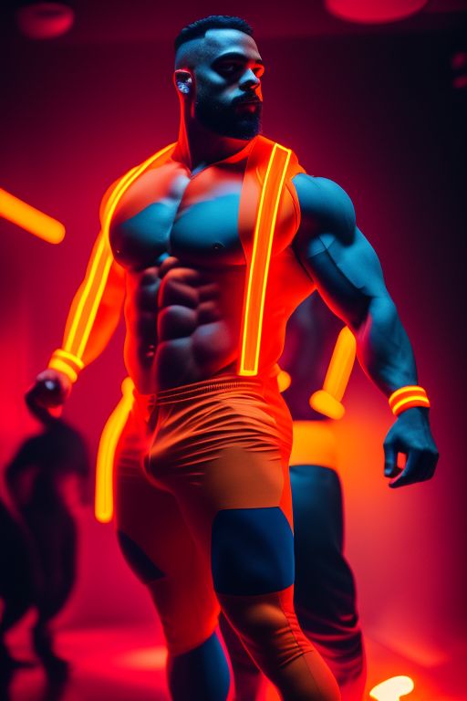 davidpinaffo: a full body very strong man with fit abs wearing orange, red,  yellow and blue rubber suit, dancing in a Night club, neon light, 8k super  detailed ,award-winning,experimental techniques , attention