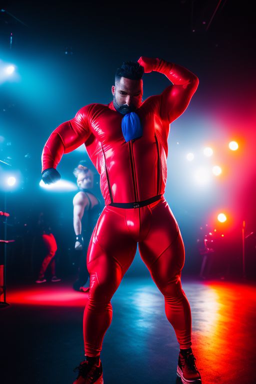 davidpinaffo: a full body very strong man with fit abs wearing red, yellow  and blue rubber suit, dancing in a Night club, neon light, 8k super  detailed ,award-winning,experimental techniques , attention to