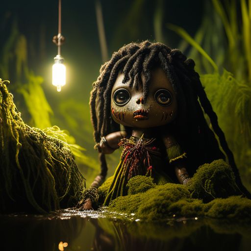 puppet voodoo doll, Highly detailed, in a frenzied struggle with malevolent spirits amongst murky waters and thick vegetation, featuring a blend of warm and cool lighting, by artists such as jeremy mann, zdzislaw beksinski, and sam flegal, striking a balance between photorealism and stylization.