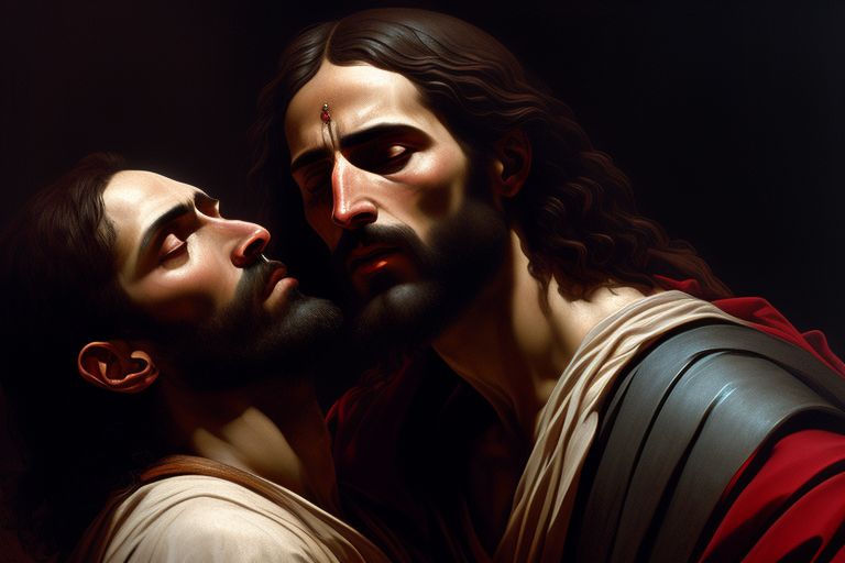 amused-ape502: judas betraying jesus with a kiss