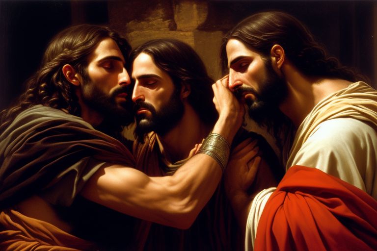 amused-ape502: judas betraying jesus with a kiss on the cheek