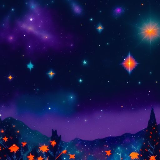 Whimsical, cartoonish, Brightly lit, Digital illustration, art by nate williams and ohn mar win and mary blair, celebration, joyful, trending on instagram., transparent, soft indigo, pastel translucent, Water color, pencil, Painting, dark purple starry sky with cyan blue stars and galaxy with subtle orange tones, intricate detailed, Romantic, Smooth, Vibrant