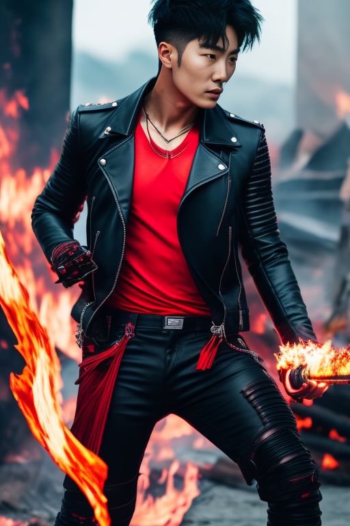 mortified-bat57: asian man with bts black hair red biker jacket leat