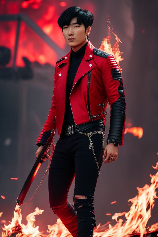 mortified-bat57: asian man with bts black hair red biker jacket leat