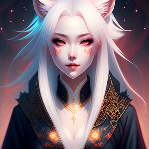 thorny-horse743: kitsune with white hair, white eyes, dnd art, wearing ...