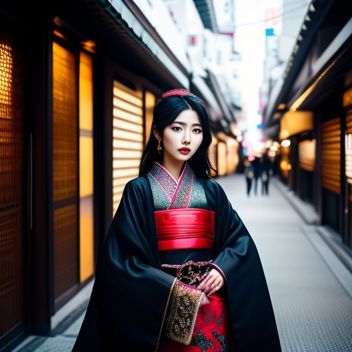 milky-swan39: street style photo of a young woman wearing a Kimono,  designed by Tom Ford and Chanel, Arabian themed, Osaka backdrop