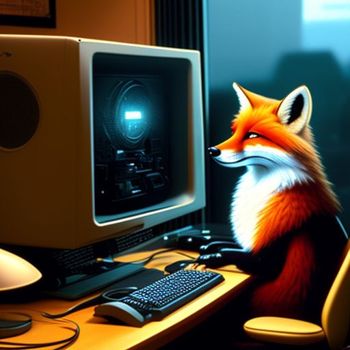 A 4K ultra hd wallpaper of a fox dressed in a computer programmer's outfit,  sitting at a desk with multiple screens and coding with expertise,  portraying a tech-savvy software developer