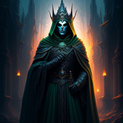 male king necromancer, with a black crown and a rega