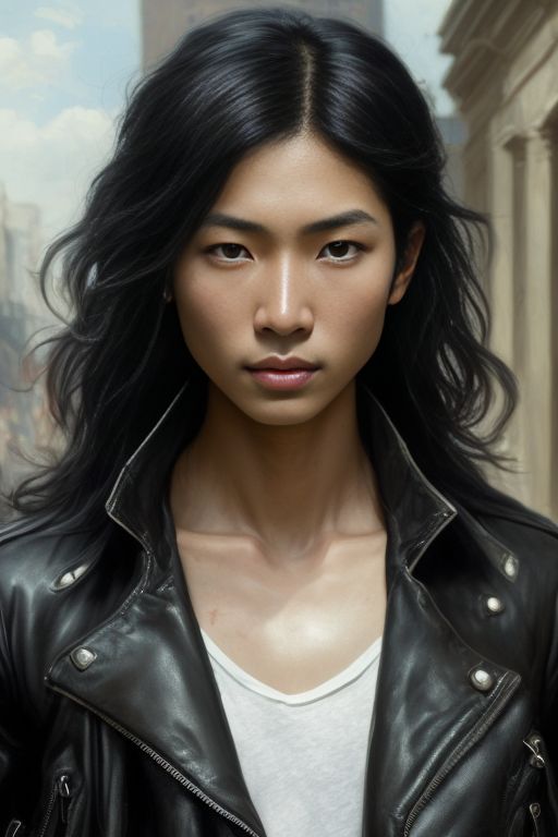 Beautiful Girl With Long Black Hair Wearing Dark Jacket, Leather