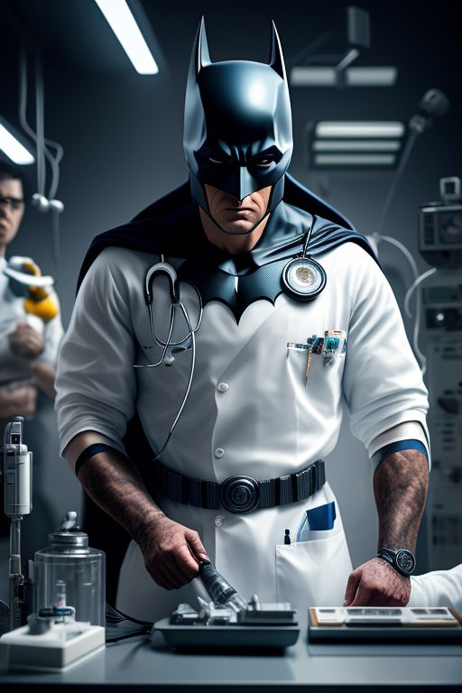 busy-snake565: Batman as a doctor at hospital, using medical equipment,  inside the surgical operating room, highly detailed, full body, digital  painting, sharp focus, emotional, trending on artstation, hyper realistic