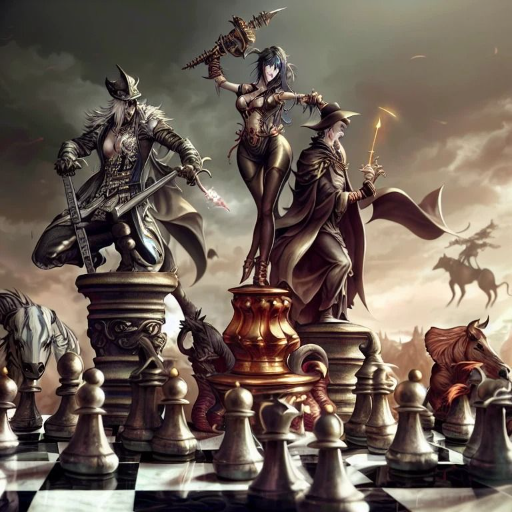 prompthunt: realistic night and queen chess pieces, cinematic