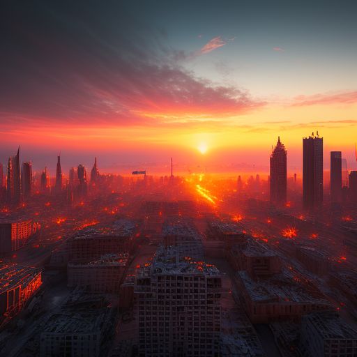 Destroyed city, At sunset, Top down 