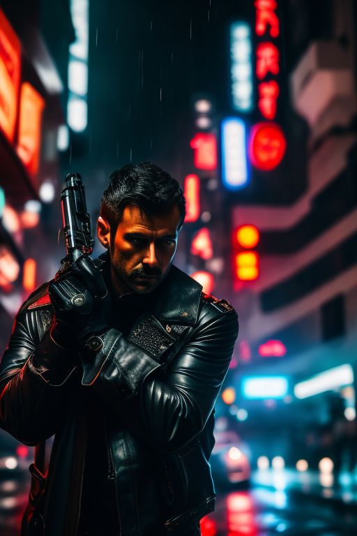 KG_Animations: man with leather outfit of blade runner, f11, cinematic  camera, 50mm, holding a blaster, rainy night, flying cars, drizzle, 8 k  ultra realistic, blade runner 2049, night, dark, smokey atmosphere, rain,